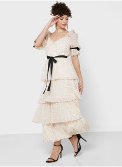 Buy V-Neck Belted Ruffle Dress in Saudi Arabia