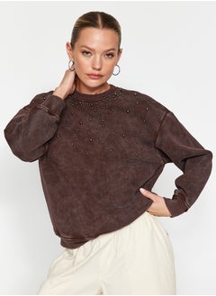 اشتري Brown Vintage/Faded Effect Thick Fleece Pearl Detailed Regular Knitted Sweatshirt TWOAW24SW00152 في مصر