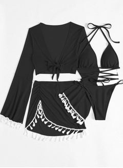 اشتري 4 Piece Solid Color Swimsuit Beach Bikini Black في الامارات