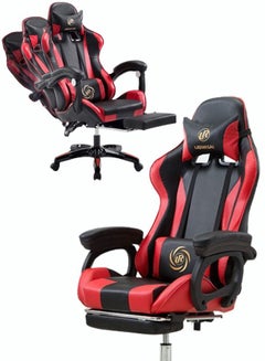 Buy Gaming Chair with Footrest and Ergonomic Lumbar Pillow PU Leather Office Chair in Saudi Arabia
