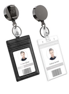 Buy 2pcs Heavy Duty Vertical ID Card Holder Metal Retractable Badge Holder Reel with Belt Clip Key Ring, Waterproof Clear and PU Leather Badge Holder in Saudi Arabia