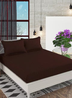 Buy Dark Brown Striped Design Bed Sheet Set Deep Pocket Machine Washable 200x200+20cm in UAE