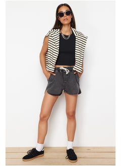 Buy Black Elastic Waist High Waist Denim Shorts TWOSS24SR00133 in Egypt