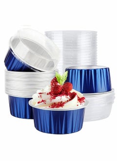 Buy Mini Aluminum Pans with Lids 50pcs 5oz Disposable Aluminum Foil Cupcake Liners Ramekins Baking Cups Dessert Cups with Lids Aluminum Foil Cupcake Holders Cheesecake Pan Dessert Containers Blue in Saudi Arabia