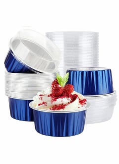 اشتري Mini Aluminum Pans with Lids 50pcs 5oz Disposable Aluminum Foil Cupcake Liners Ramekins Baking Cups Dessert Cups with Lids Aluminum Foil Cupcake Holders Cheesecake Pan Dessert Containers Blue في السعودية