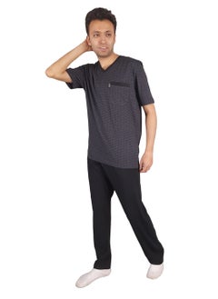 Buy Men Summer Pajama Set Printed Top And V-Neck &Plain Bottom-Black in Egypt