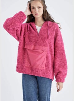 Buy Woman Oversize Fit Hooded Long Sleeve Knitted Sweat Shirt in Saudi Arabia