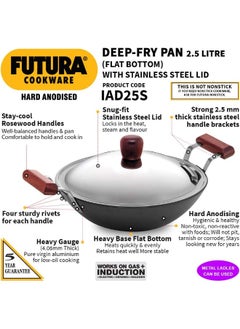 Buy Futura 2.5 Litre Deep Fry Pan Hard Anodised Kadai with Stainless Steel Lid Flat Bottom Induction Kadhai Black IAD25S in UAE