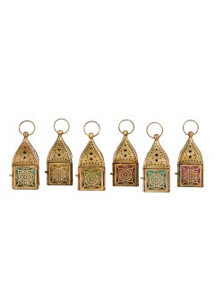 اشتري HilalFul Mini Brass Antique Style Decorative Candle Holder Lanterns - Multicolor Glass (Set of 6) | For Home Décor in Eid, Ramadan, Wedding | Living Room, Bedroom, Indoor, Outdoor Decoration في السعودية