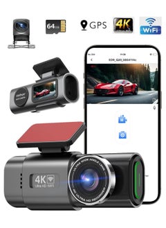 Buy WiFi GPS Dash Cam Front and Rear with WiFi, 4K/1080P, 1.47" Small Dash Camera for Cars, UHD 2160p Recording Car DVR Cam with 170° Wide Angle, Night Vision, Parking Monitor, G-Sensor, 64G Card in UAE