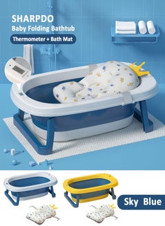 Buy Foldable Baby Bathtub With Thermometer Bath Cushion Pillow Portable Safe Collapsible Bathtub For Children With Temperature Sensing Multifunction Children Shower Basin Blue in Saudi Arabia