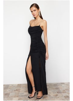 Buy Black Draped Knitted Long Evening Dress TPRSS24AE00088 in Egypt