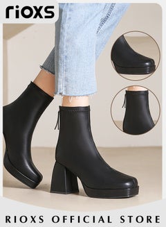 Buy Women's High-heeled Boots Ladies Solid Color Ankle Boots Simple Fashion Square Toe Leather Boots Autumn Winter Pump Shoes in UAE