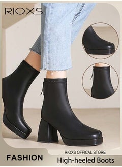 اشتري Women's High-heeled Boots Ladies Solid Color Ankle Boots Simple Fashion Square Toe Leather Boots Autumn Winter Pump Shoes في الامارات