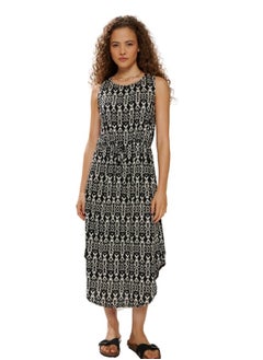 Buy Sleeveless Asymmetrical Hem Midi Dress with Geometric Print - Multicolor in UAE