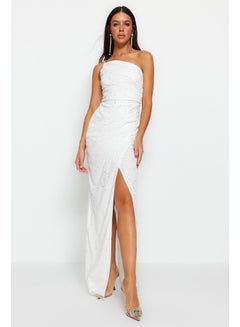 Buy Ecru Woven Lined Shiny Sequin Wedding/Wedding Long Evening Evening Dress TPRSS23AE00261 in Egypt
