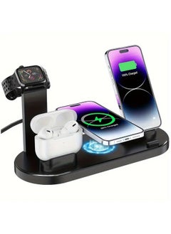 اشتري 15W Fast Charging Station, 4 in 1 Adjustable Travel Wireless Charging Station for Multiple Devices, Cell Phone Wireless Charger Stand for Desk, Intelligent Protection(Black) في السعودية