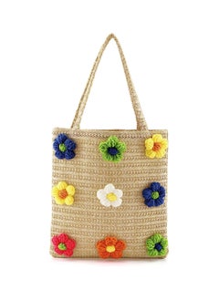 Buy Summer Beach Straw Bag Flower Cotton Crochet Woven, Womens Hand-woven Shoulder Bag Handbag Large in UAE