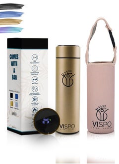 Buy Smart Water Bottle with 304 Stainless Steel inner wall Gold VIspo, 500ml Thermos Flask with LED Temperature Display & Tea filter, Double Wall & BPA Free Insulated vacuum mug With Bag in Saudi Arabia