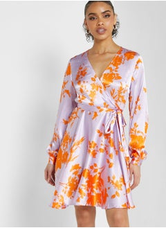 Buy Surplice Neck Printed Tie Dress in Saudi Arabia