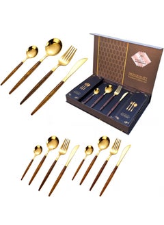 Buy Luxury Gold-Plated Cutlery Set with premium Wooden Handles – 12-Piece Stainless Steel Flatware (3 Complete Place Settings: Knife, Fork, Spoon, Teaspoon) for Elegant Dining & Special Occasions in UAE