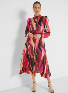 Buy Printed Button Down Belted Dress in UAE