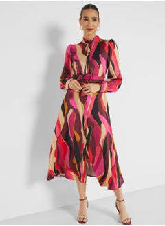 Buy Printed Button Down Belted Dress in UAE