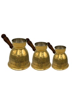 Buy Majestic Brass Turkish Coffee Pot Set of 3 – Capacities: 180 ml, 300 ml, 430 ml – Laser Design, Handcrafted with Wooden Handle, Perfect for Turkish Coffee, Arabic Coffee, Tea, Milk, and Hot Beverages in UAE