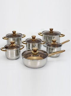 Buy Set of 12 Cookware Set - Stainless Steel Pots and Kitchen Utensils Set with Tempered Glass lid in UAE