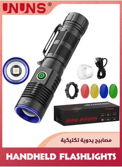 Buy 5-In-1 LED Flashlight,Rechargeable Tactical Flashlight,2000 Lumen Powerful Flashlights,Zoomable Flash Light,4 Modes Lights With Multicolour Lens,Handheld Flashlamp For Emergency Camping Hiking in UAE