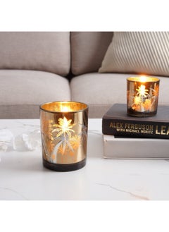 اشتري Nyla Glass Candle Holder with Palm Tree Design Dia10x12.5cm- Gold في الامارات