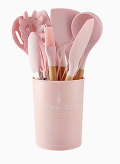 Buy 11-Piece Barreled Cooking Non stick Utensils Set With Wooden Handle Pink/Brown in UAE