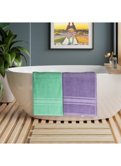 Buy 4 Piece Bathroom Towel Set SIR HENRY 450 GSM 100% Cotton Terry 2 Bath Towel 70X140 cm & 2 Hand Towel 50x90 cm Purple & Green Color Soft Feel Super Absorbent in UAE