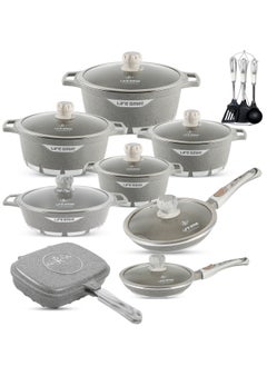 Buy Cookware Set 23 pieces - Pots and Pans set Granite Non Stick Coating 100% PFOA FREE, Cooking Set include Casseroles & Shallow Pot & Frying Pans & Double Grill Pan & Kitchen Utensils in UAE