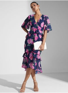 Buy Floral Plunge Neck Dress in Saudi Arabia