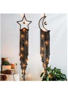 Buy Dream Catcher, 2Pcs Moon Star Dream Catcher Bedroom Accessories Black Handmade Wall Decor DIY Dreamcatcher Kit With LED String LIght For Girls Kids Bedroom Wall Hanging Decoration Gift, Black in UAE