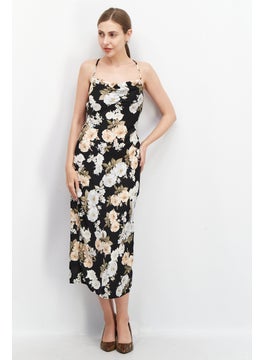 Buy Women Floral Pattern Midi Casual Dress, Black in UAE