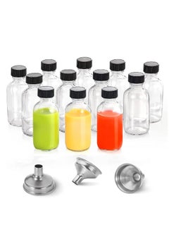 اشتري 12 Pack, 2 oz Small Clear Glass Bottles with Lids & 3 Stainless Steel Funnels - 60ml Boston Round Sample Bottles for Potion, Juice, Ginger Shots, Oils في الامارات