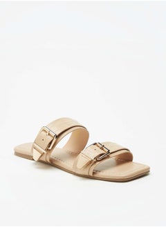 اشتري Textured Slip-On Dual Strap Slide Sandals with Buckle Accent في الامارات