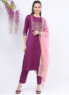 اشتري Embroidered Straight Fit Kurta and Straight Leg Pant with Dupatta Set في السعودية