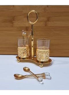 Buy Set of 2 golden sugar bowls with stand and 6 golden spoons with a classic decorated design in Saudi Arabia