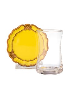 Buy A Set Of Glass Tea Cups With A Yellow Wooden Saucer 6 Tea Cups + 6 Tea Saucers in Saudi Arabia