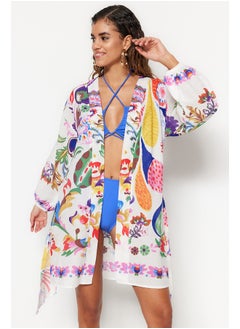 Buy Floral Pattern Belted Mini Weave 100% Cotton Kimono & Kaftan with Balloon Sleeves TBESS22KM0022 in Egypt