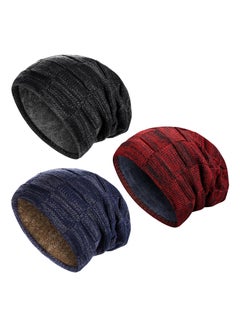 اشتري SYOSI 3Pcs Men Winter Beanie Hat Warm Slouchy Hats Men Knitted Beanie Hats Fleece Lined Skull Cap for Men (Black, Wine Red, Navy Blue) في الامارات