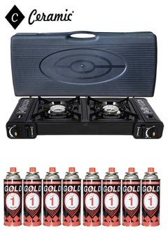 اشتري Portable Camping Gas Stove Double Burner Outdoor Automatic Ignition System Enamel Pan Support With 8 Piece Butane Gas في الامارات