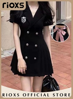 Buy Women's Black Double Breasted Back Strap Bow Tie Jacket Dress Short Sleeve Loose Cuff V-neck Casual Pleated Blazer Dress for School or Daily Wear in Saudi Arabia