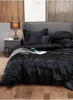 Buy Silky Satin King Size 6-Piece Bedding Set, Plain Black Color in UAE