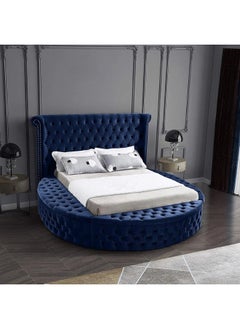 Buy Lotus | Wooden Bed Frame Upholstered in Velvet - Dark Blue in Saudi Arabia