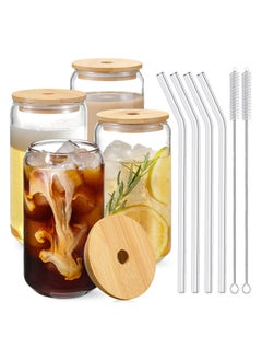 Buy Drinking Glasses with Bamboo Lids and Glass Straw - 16oz Can Shaped Glass Cups, Beer Glasses, Iced Coffee Glasses, Cute Tumbler Cup, Ideal for Cocktail, Whiskey, Tea, Cola, Juice,Soda. in UAE