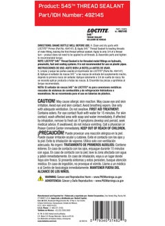 Buy Loctite 545 Pneumatic/Hydraulic Pipe Thread Sealant, High Lubricity, High Pressure, No Fillers, Solvent Resistance, For Fine Threaded Fittings | Purple, 36 Ml Bottle (Pn: 492145) in UAE
